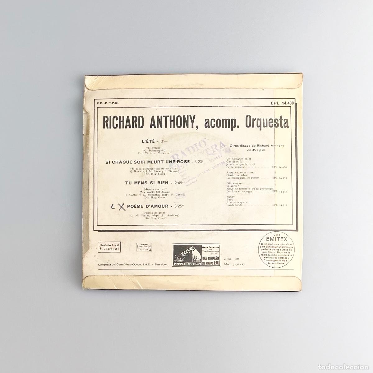 Discos de vinilo: EP. Richard Anthony. L&eacute;t&eacute; (VG/G+) - Foto 2