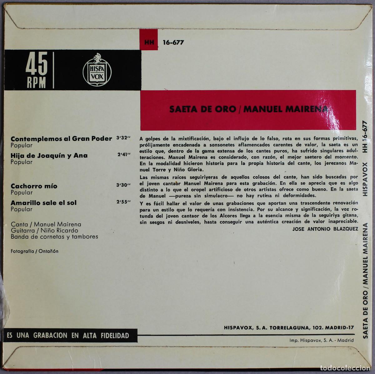 Discos de vinilo: MANUEL MAIRENA//CONTEMPLEMOS AL GRAN PODER+3//EP//1968//HISPAVOX - Foto 2