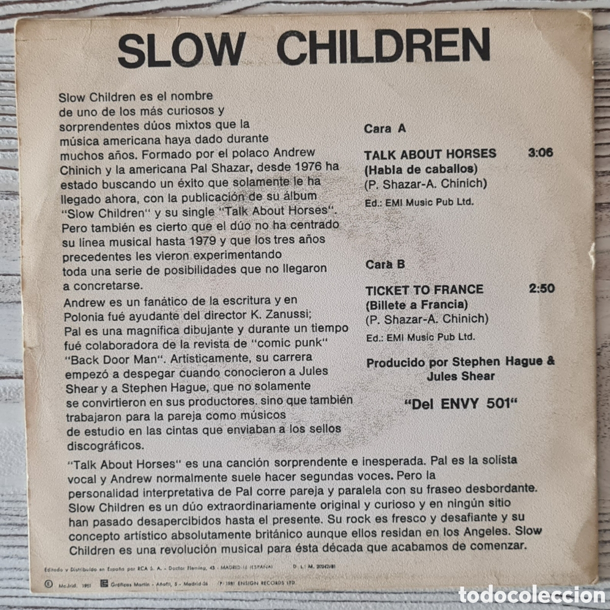 Discos de vinilo: SINGLE - SLOW CHILDREN - TALK ABOUT HORSES - 1981 - Foto 2