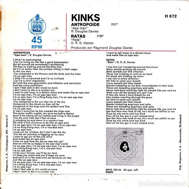 Discos de vinilo: The Kinks &ndash; Antropoide; Ratas &ndash; HISPAVOX 672 &ndash; 1970 - Foto 2