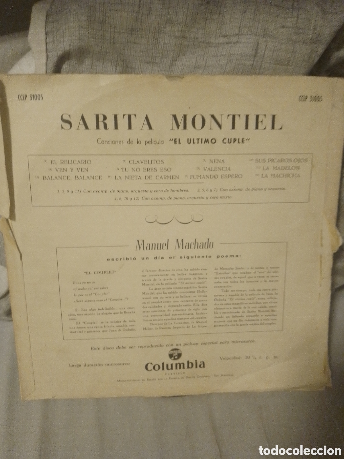 Discos de vinilo: SARITA MONTIEL EL &Uacute;LTIMO CUPLE - Foto 2
