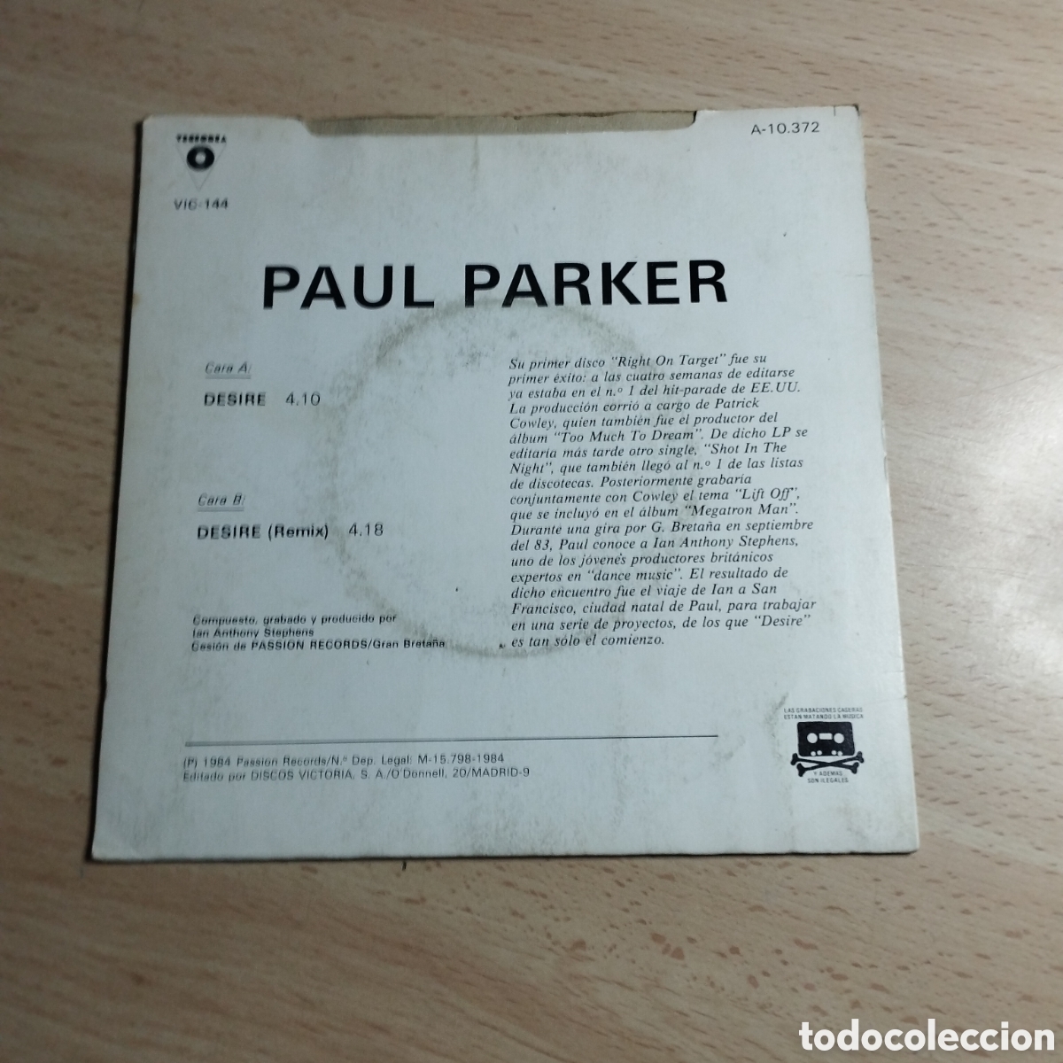 Discos de vinilo: Single 7&rdquo; Paul Parker 1984 Desire - Foto 2