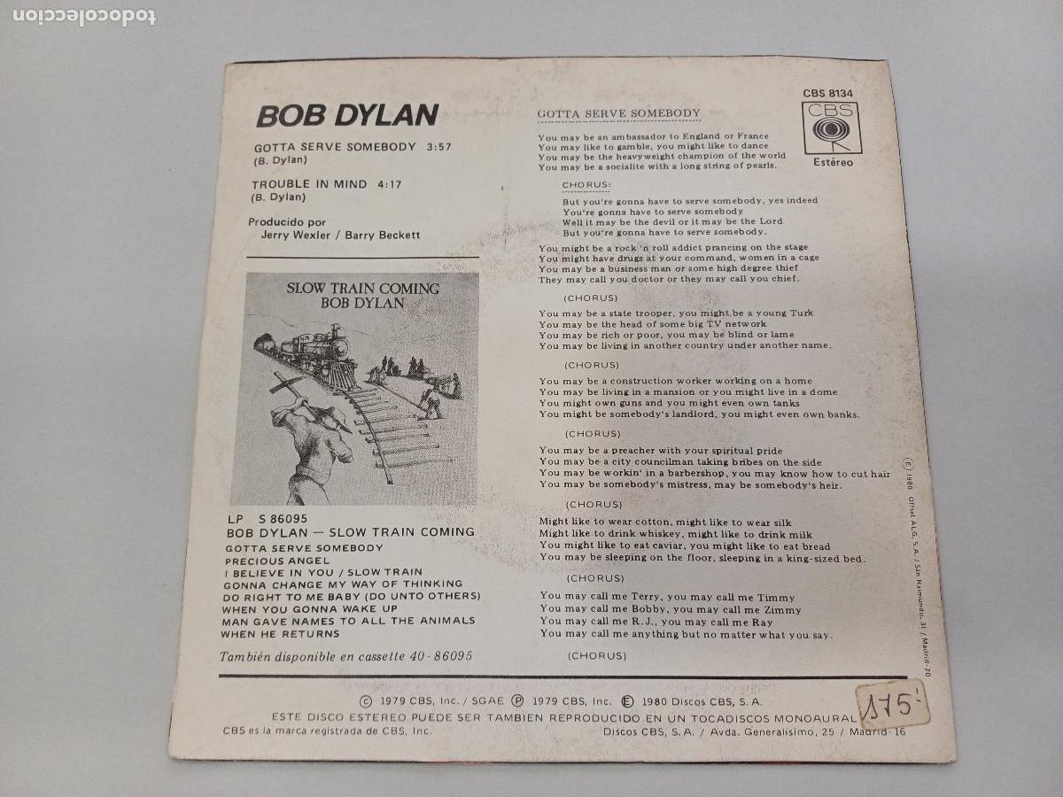 Discos de vinilo: BOB DYLAN/TENDRAS QUE SERVIR A ALGUIEN/SINGLE. - Foto 3
