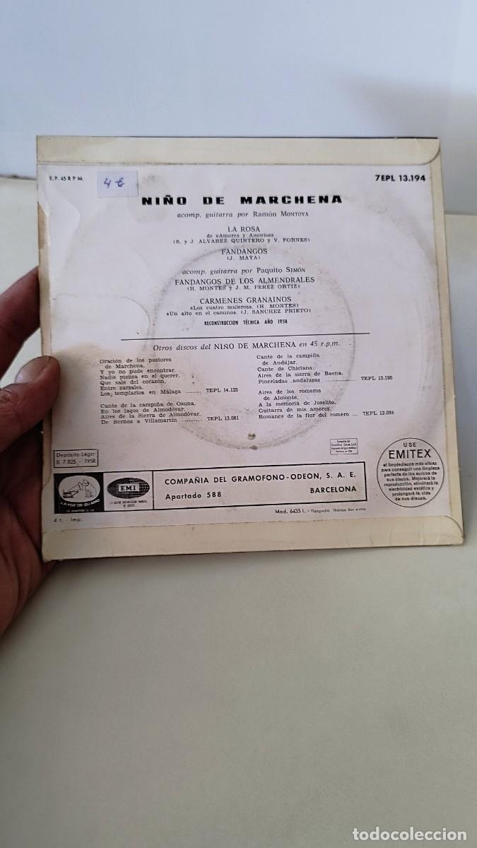 Discos de vinilo: NINO DE MARCHENA,la rosa, los cuatro muleros. Single 7&rdquo;. - Foto 2