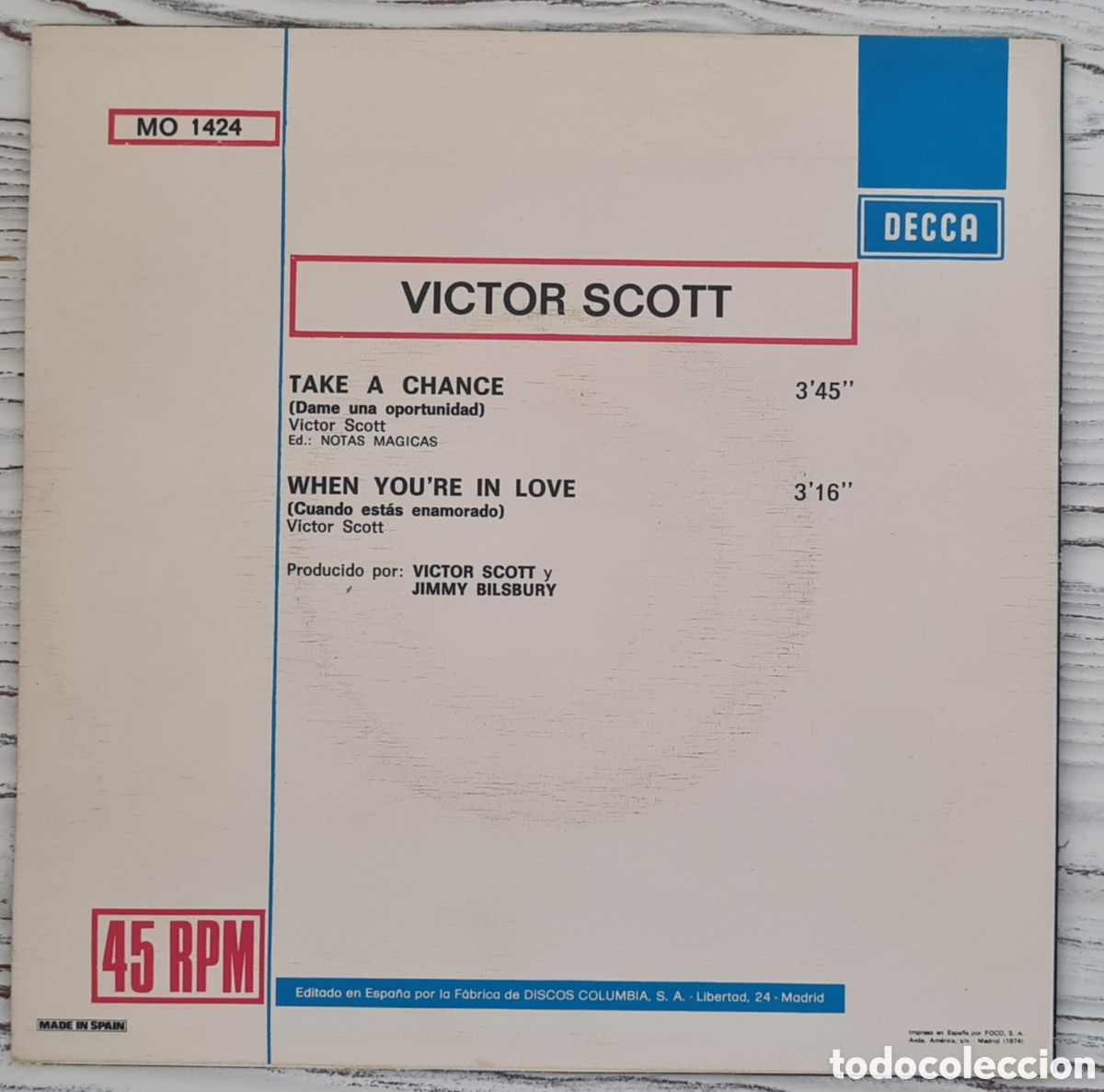 Discos de vinilo: SINGLE - VICTOR SCOTT - TAKE A CHANCE - 1974 - Foto 2