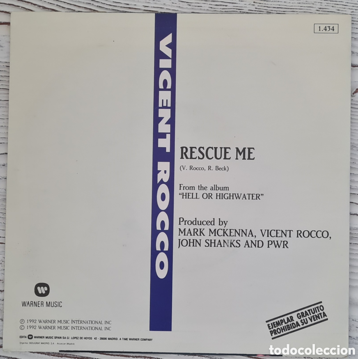 Discos de vinilo: SINGLE - VICENT ROCCO - RESCUE ME - 1992 - Foto 2
