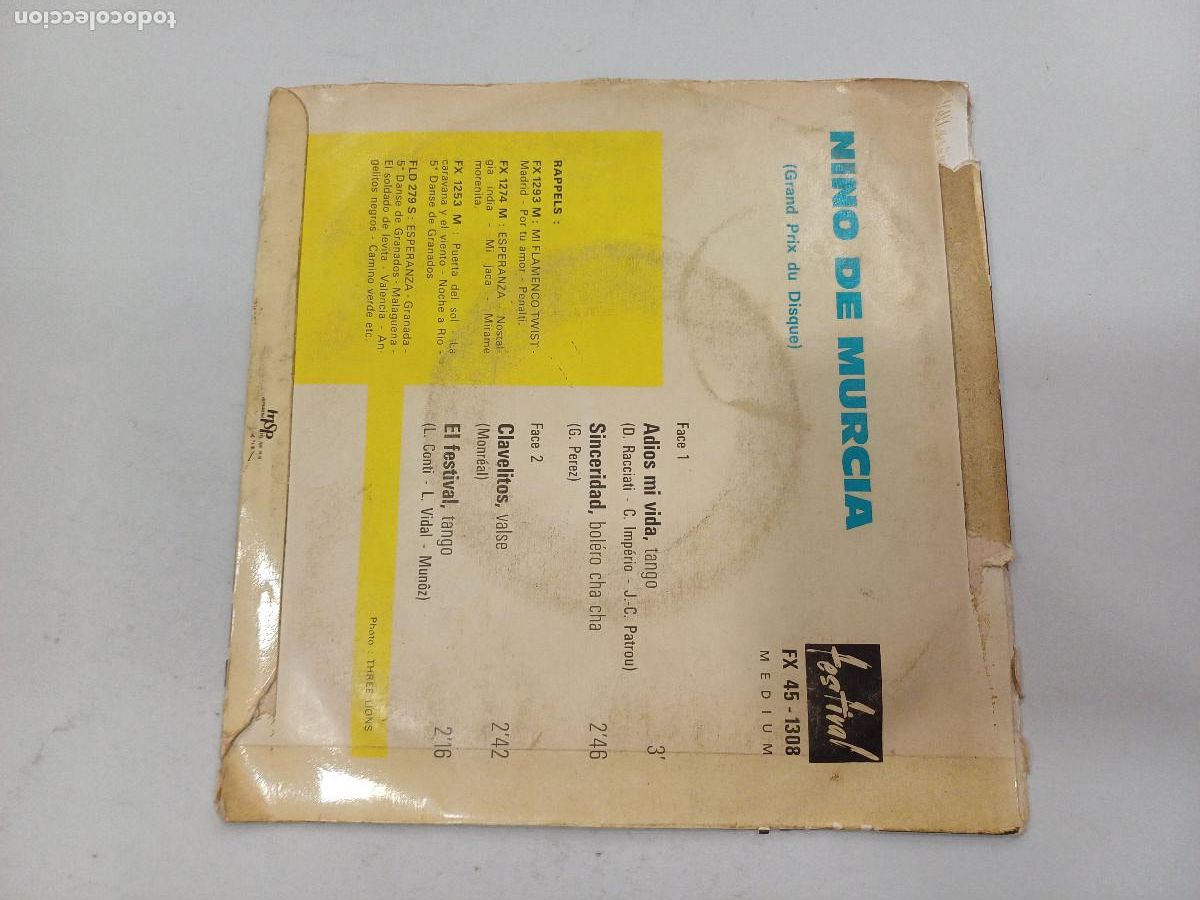 Discos de vinilo: NINO DE MURCIA/ADIOS MI VIDA/SINGLE. - Foto 3