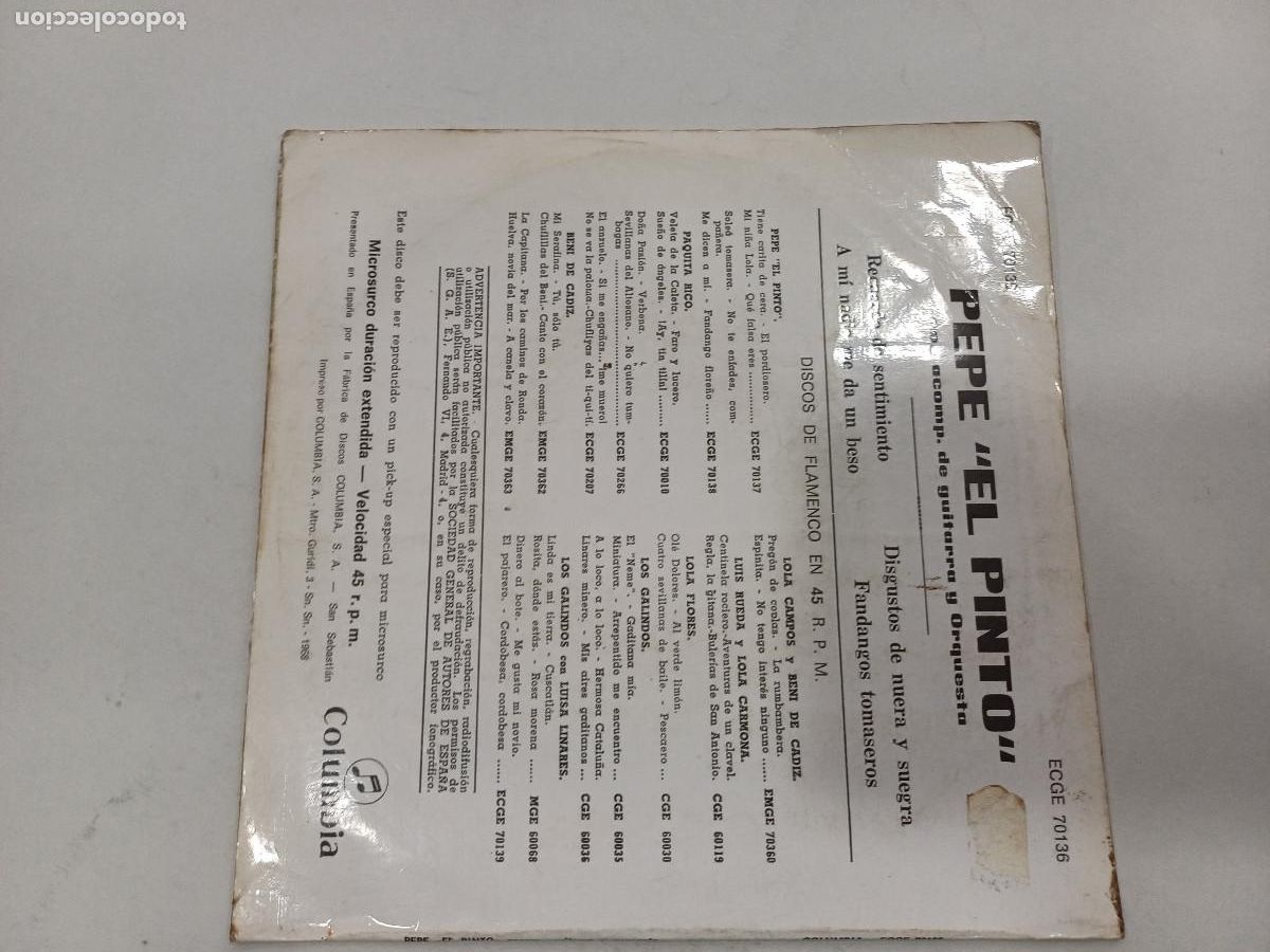 Discos de vinilo: PEPE PINTO/RECUERDO DE SENTIMIENTO/SINGLE. - Foto 3