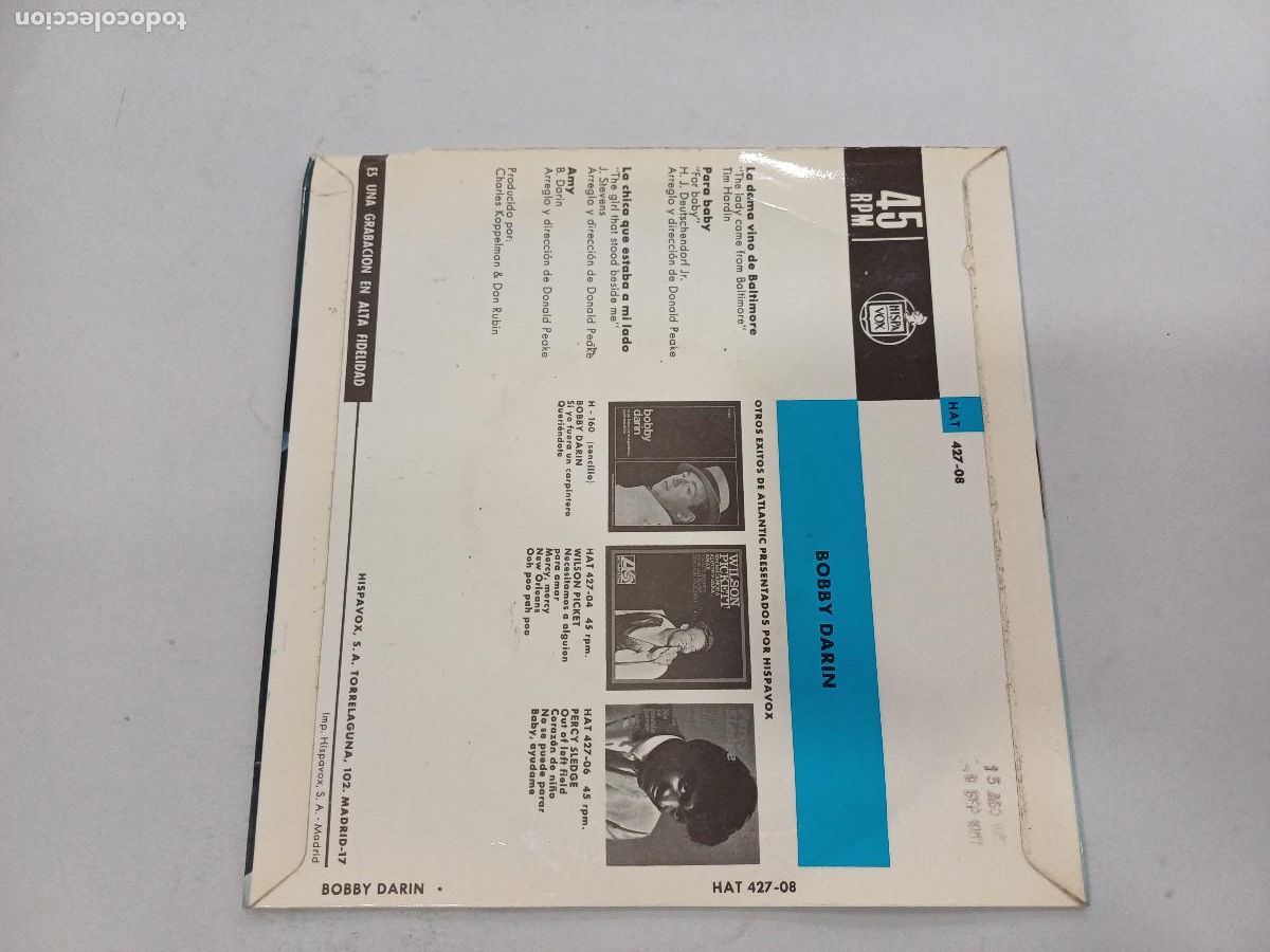 Discos de vinilo: BOBBY DARIN/LA DAMA VINO DE BALTIMORE/SINGLE. - Foto 3