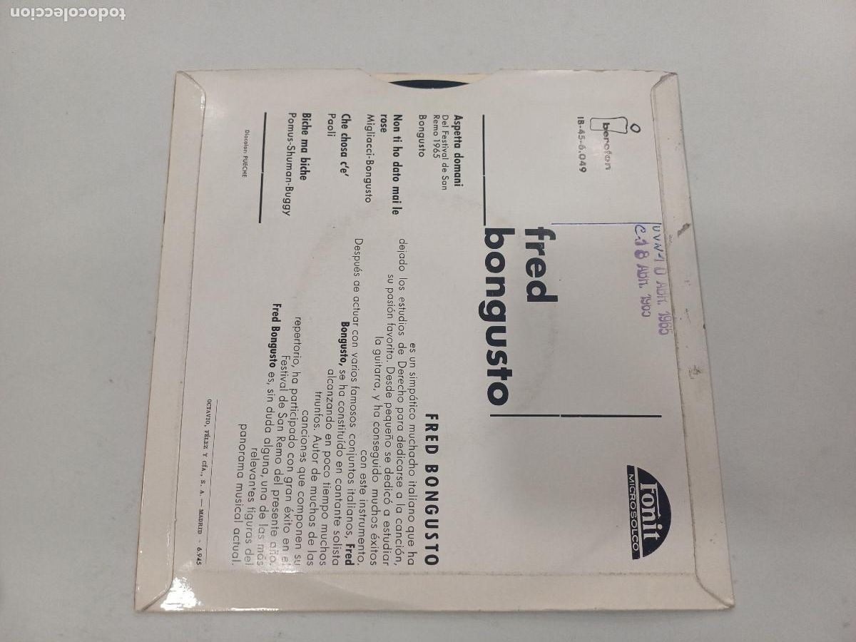 Discos de vinilo: FRED BONGUSTO/ASPETTA DOMANI/SINGLE. - Foto 3