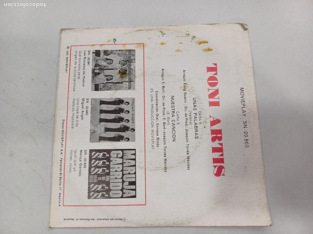 Discos de vinilo: TONY ARTIS/UNAS PALABRAS/SINGLE. - Foto 3