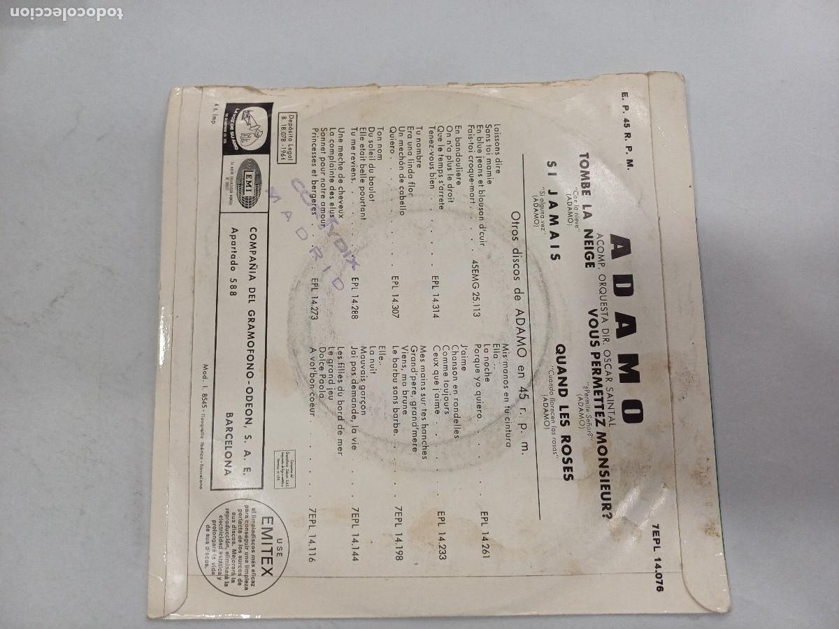 Discos de vinilo: ADAMO/TOMBE LA NEIGE/SINGLE. - Foto 3