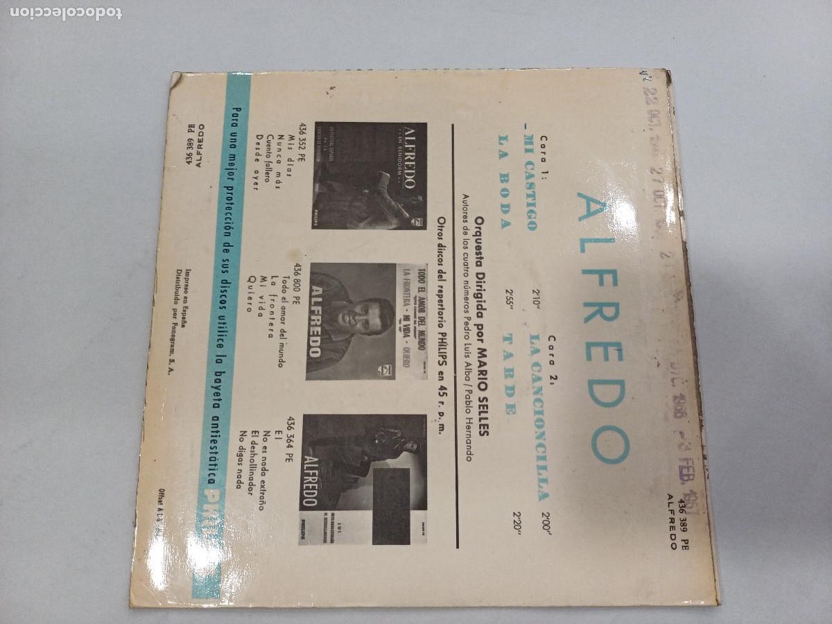 Discos de vinilo: ALFREDO/MI CASTIGO/SINGLE. - Foto 3