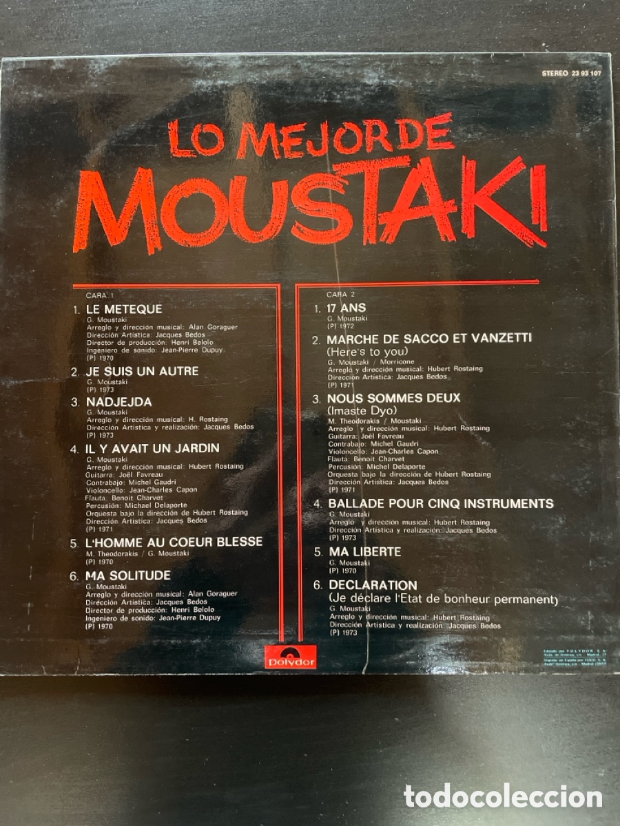 Discos de vinilo: LP Lo mejor de Moustaki - Foto 2