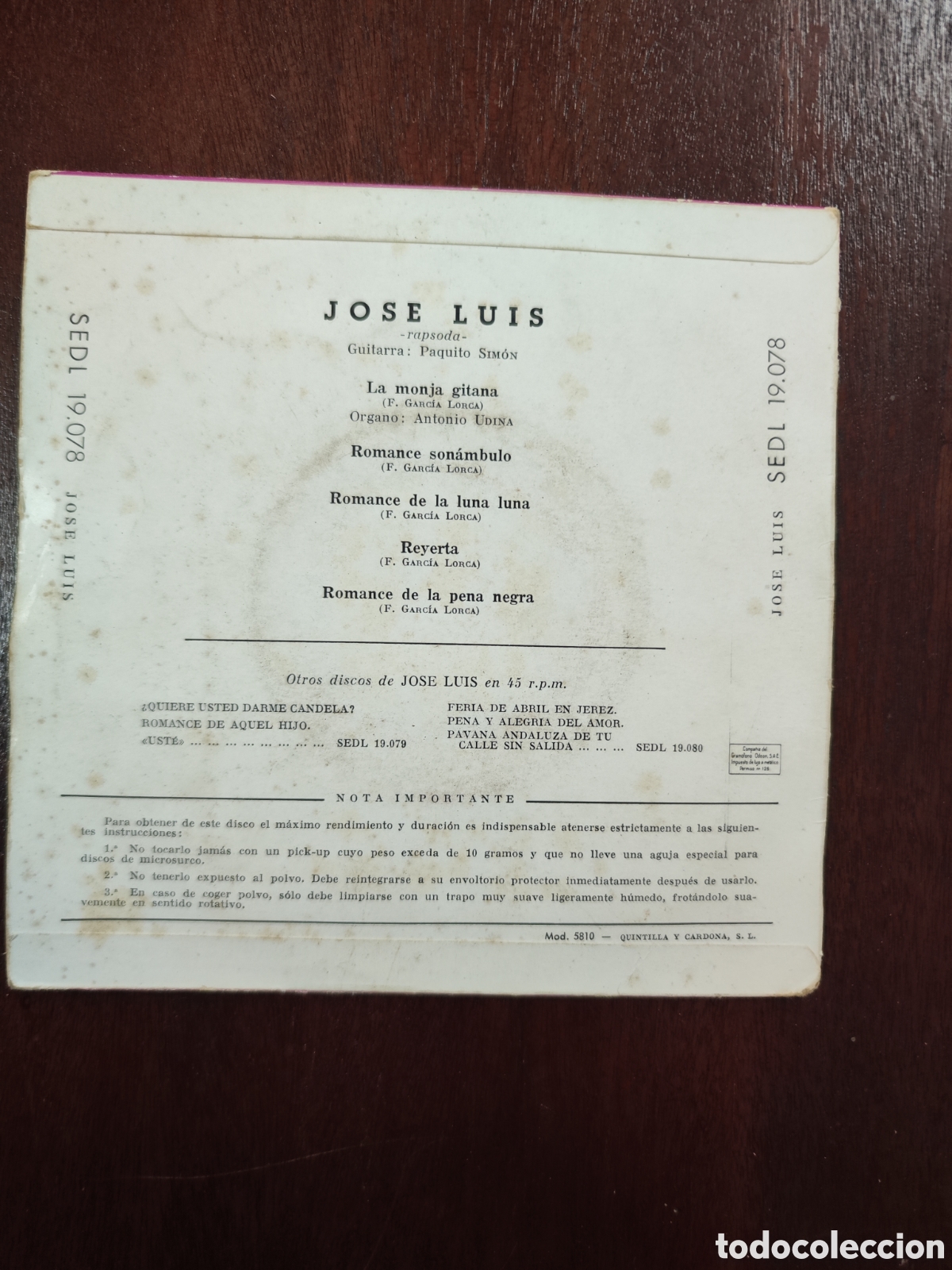 Discos de vinilo: SINGLE DE JOSE LUIS -Rapsoda - Foto 2