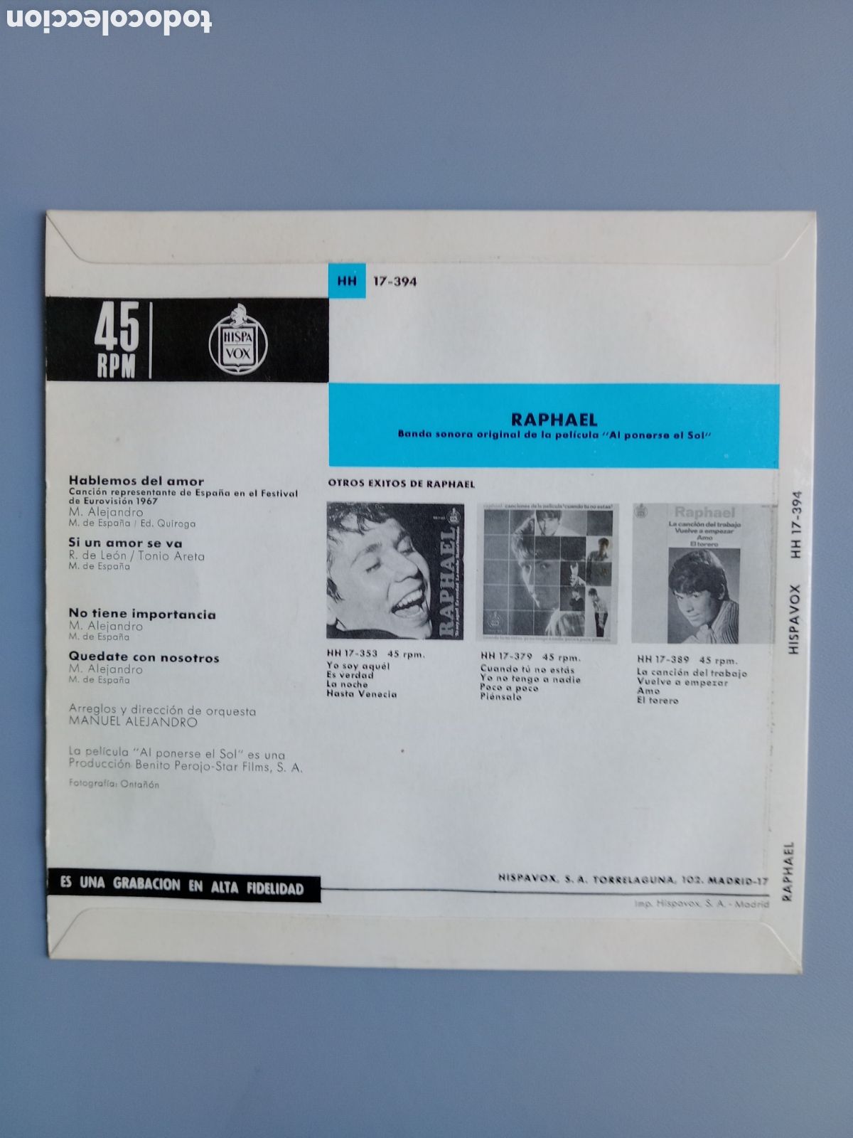 Discos de vinilo: Raphael eurovisi&oacute;n 67. EP - Foto 2