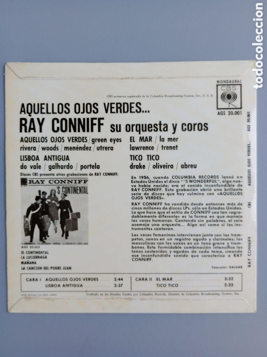 Discos de vinilo: Ray Conniff. Aquellos ojos verdes. EP - Foto 2