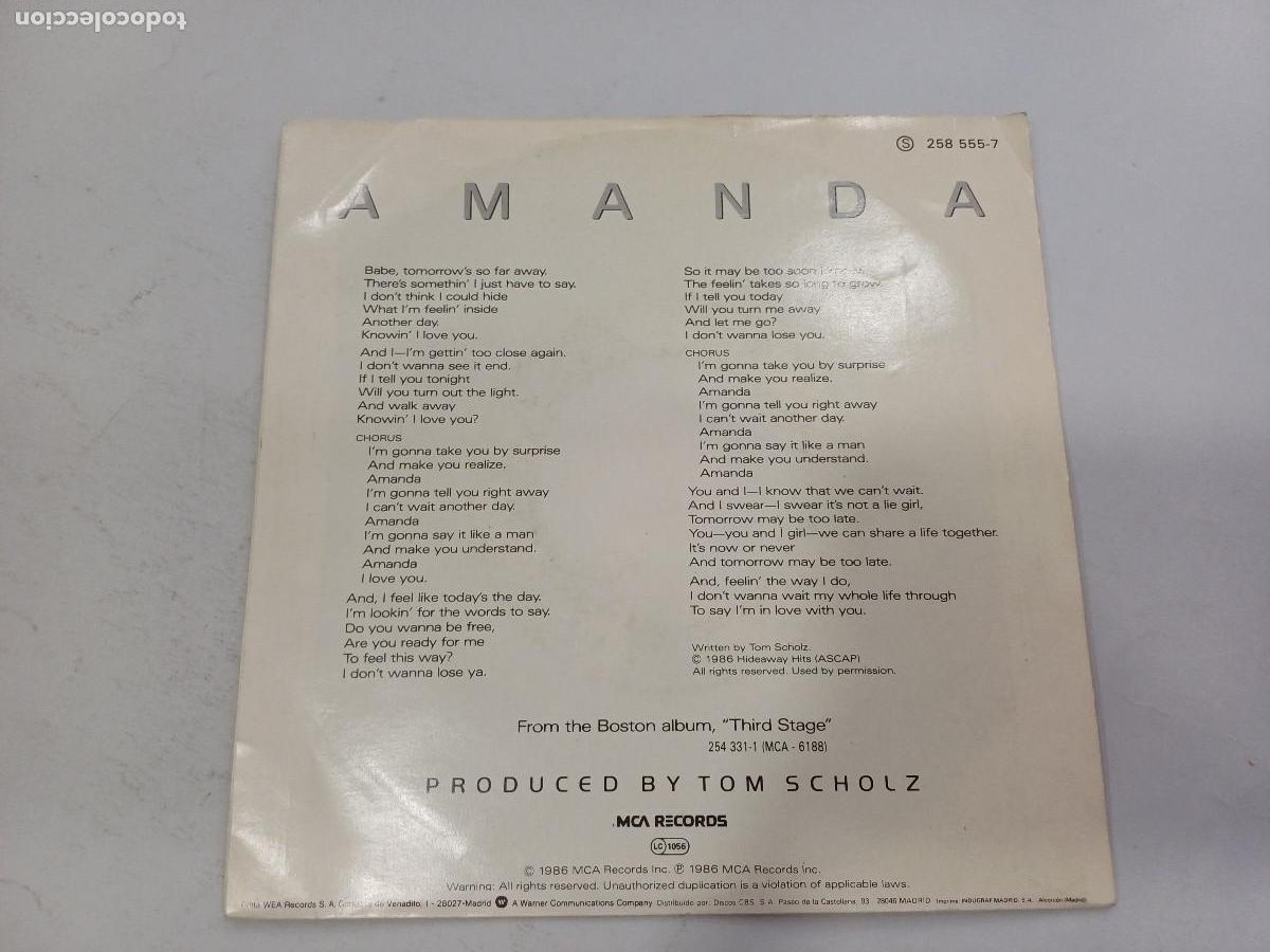 Discos de vinilo: BOSTON/AMANDA/SINGLE PROMOCIONAL. - Foto 3
