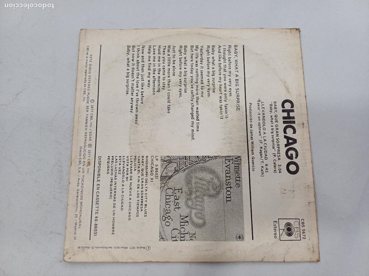 Discos de vinilo: CHICAGO/BABY QUE GRAN SORPRESA/SINGLE. - Foto 3