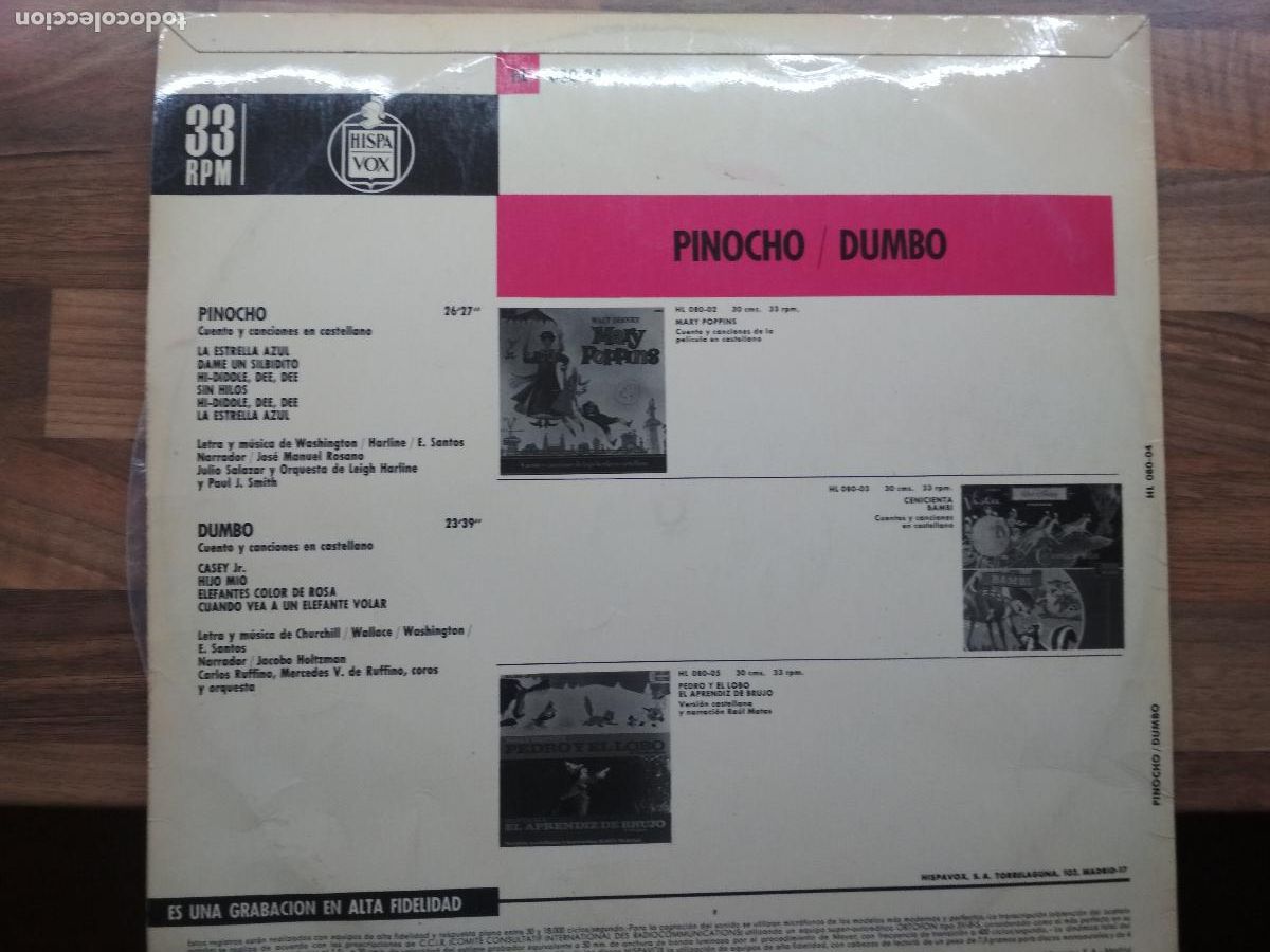 Discos de vinilo: WALT DISNEY , pinocho, dumbo,1966 - Foto 2