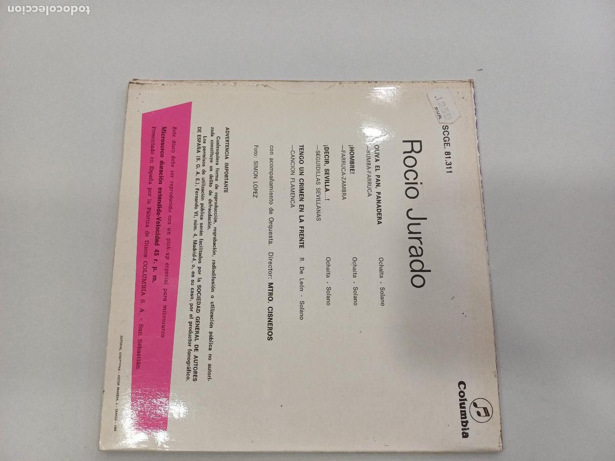 Discos de vinilo: ROCIO JURADO/OLIVA EL PAN,PANADERA/SINGLE. - Foto 3