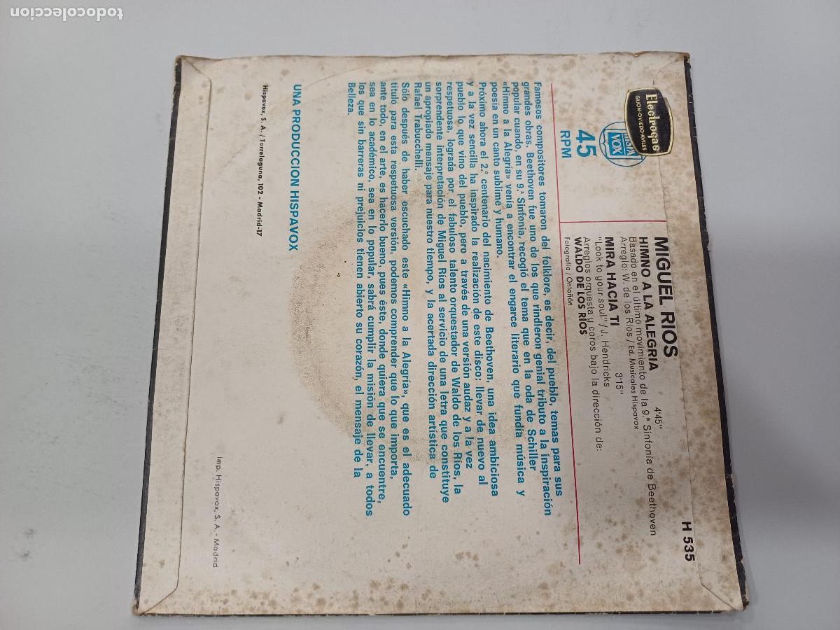 Discos de vinilo: MIGUEL RIOS/HIMNO A LA ALEGRIA/SINGLE. - Foto 3