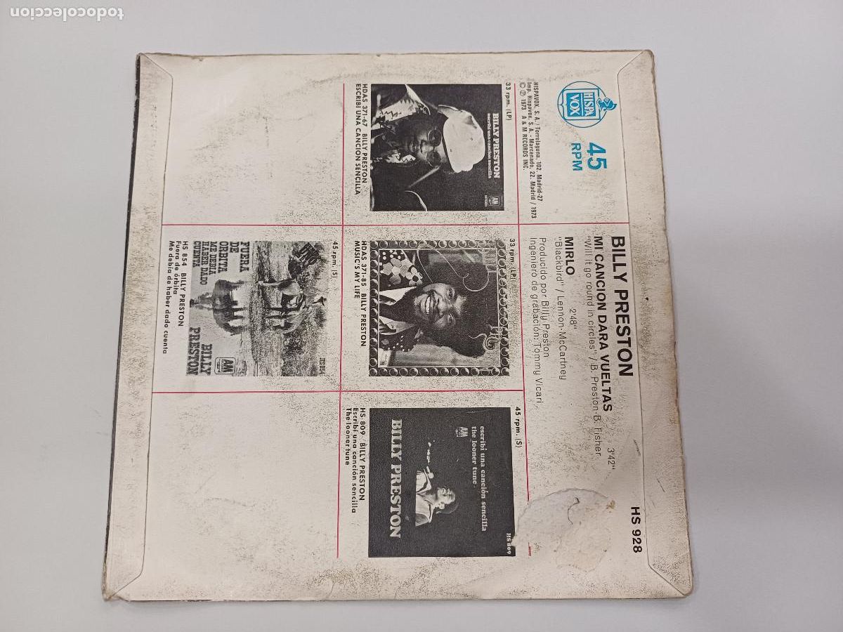 Discos de vinilo: BILLY PRESTON/MI CANCION DARA VUELTAS/SINGLE. - Foto 3