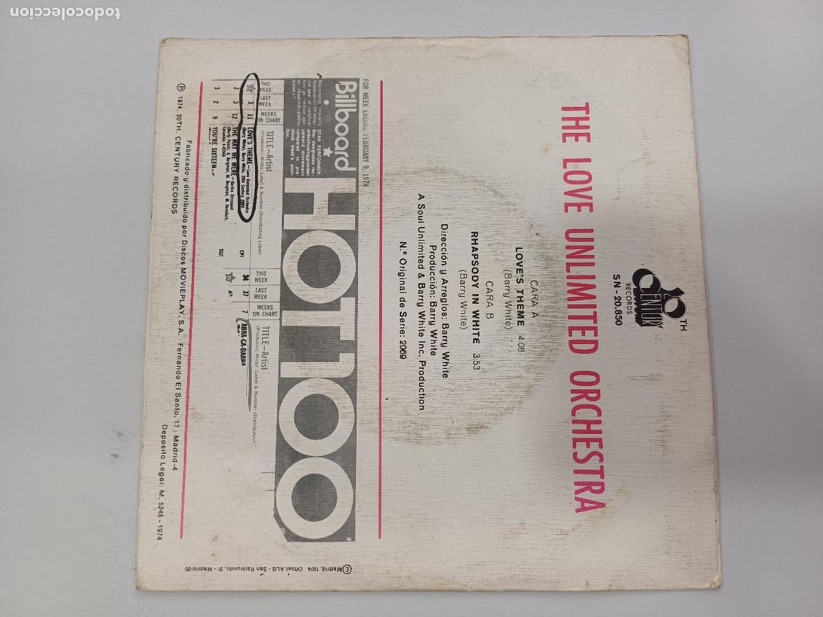 Discos de vinilo: BARRY WHITE/LOVES THEME/SINGLE. - Foto 3