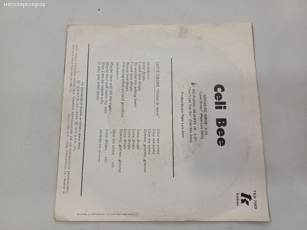 Discos de vinilo: CELI BEE/GOTAS DE AMOR/SINGLE. - Foto 3