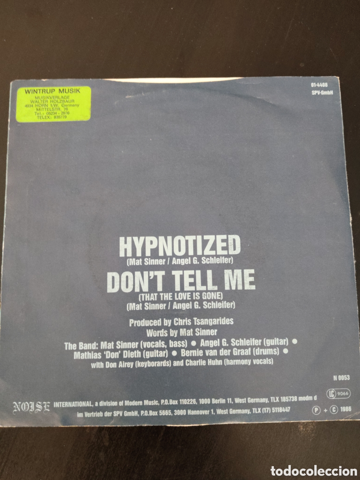 Discos de vinilo: Sinner&nbsp;&ndash;&nbsp;Hypnotized Vinilo 7&rdquo; 1986 Alemania - Foto 2