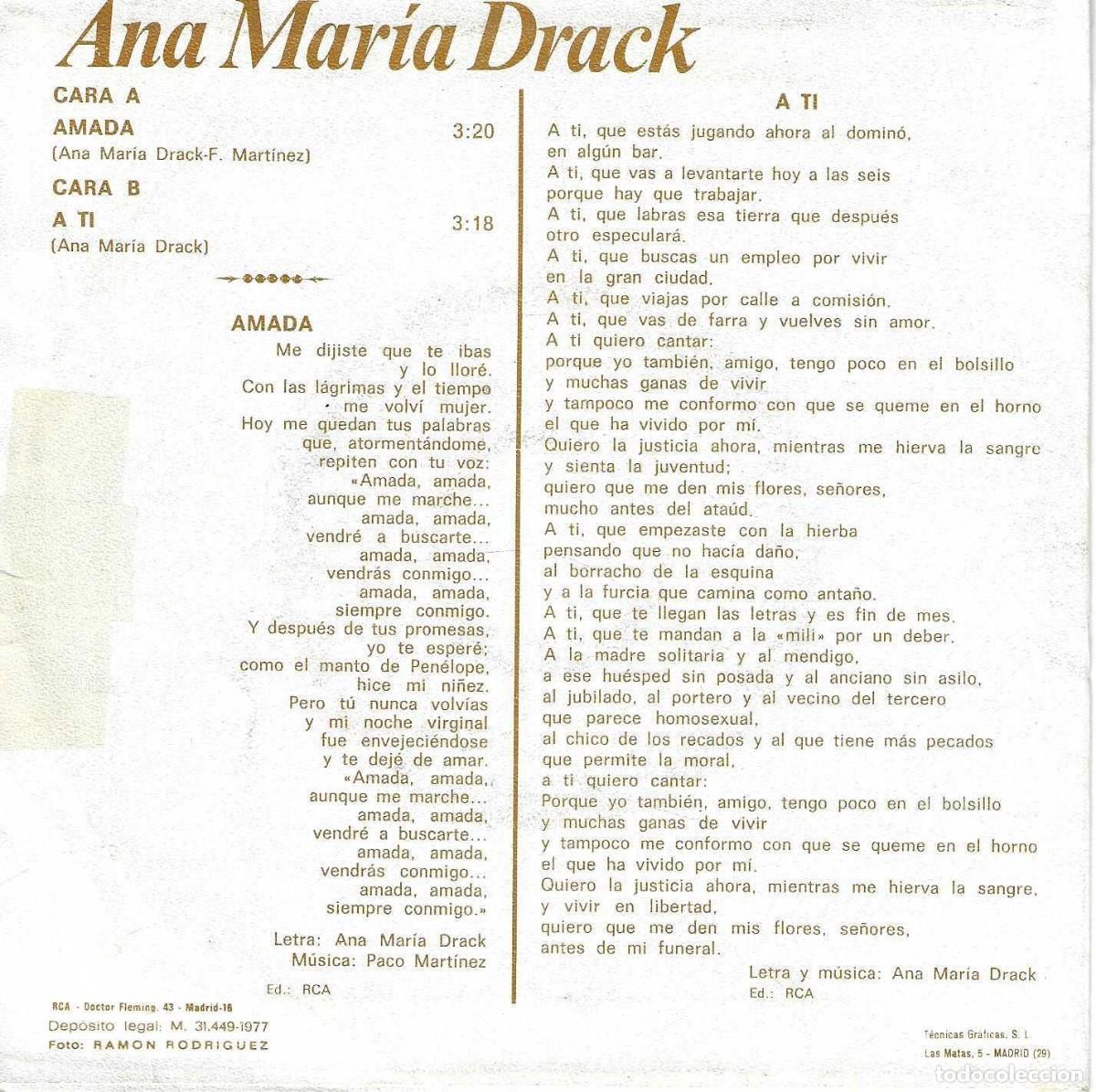 Discos de vinilo: ANA MARIA DRACK - AMADA - A T&Iacute; - RCA 1977 - Foto 4