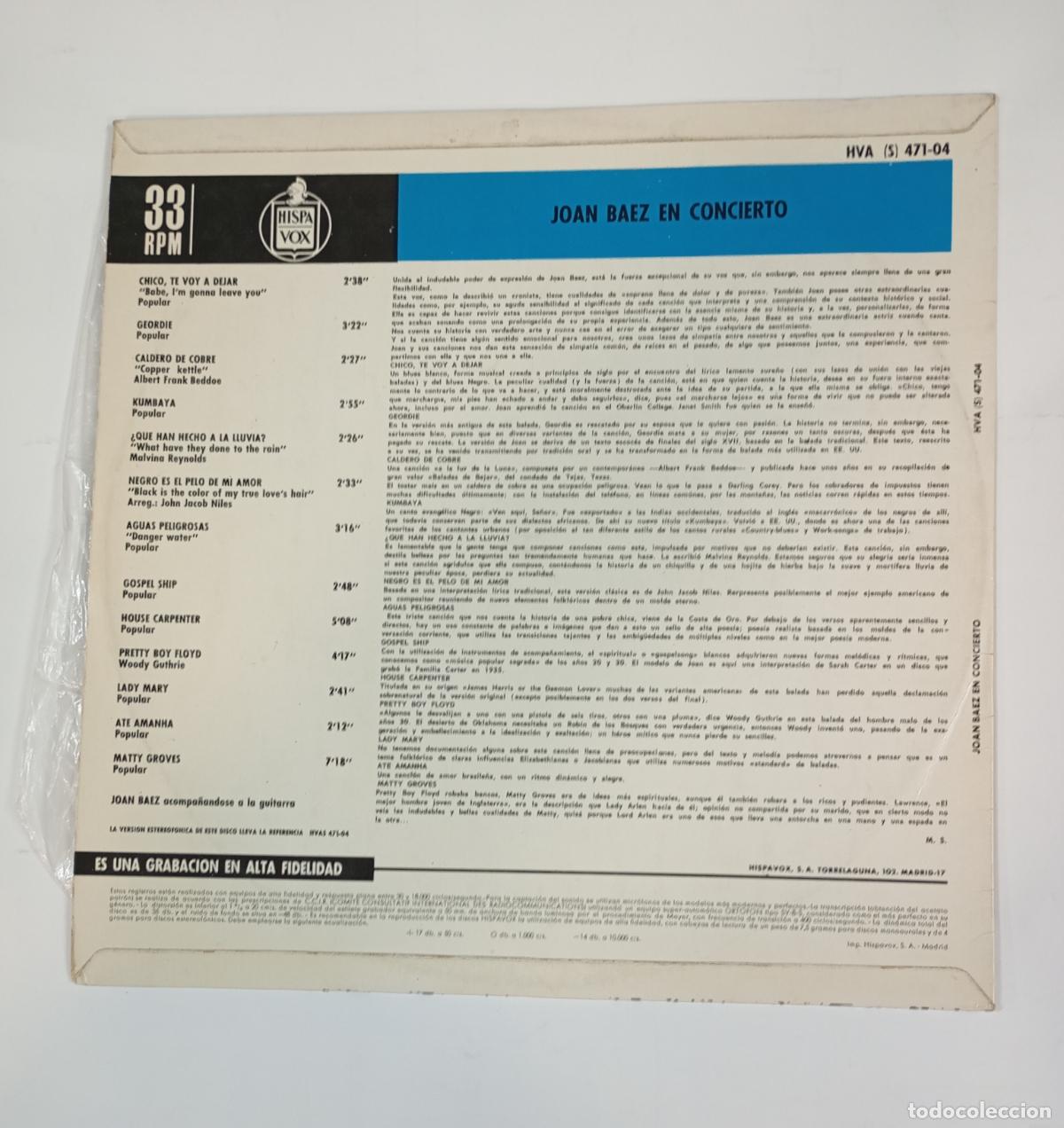 Discos de vinilo: Joan Baez &lrm;&ndash; En Concierto. LP. TDKLP7 - Foto 2