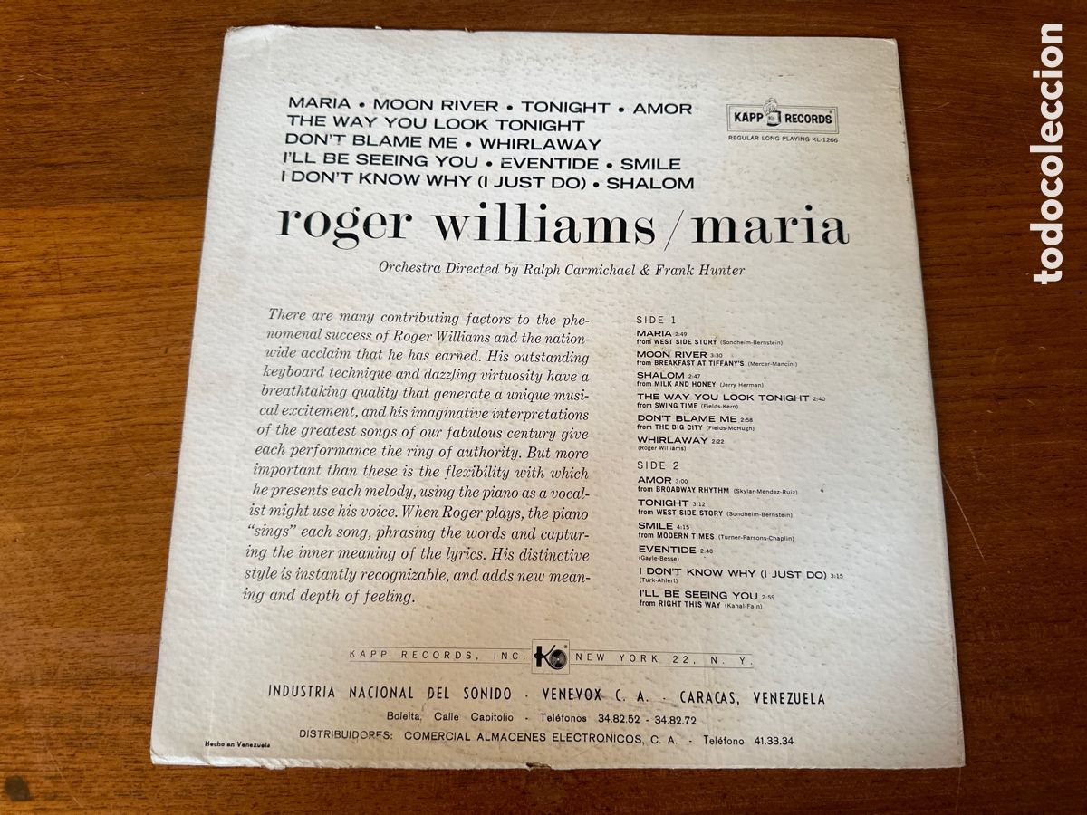 Discos de vinilo: ROGER WILLIAMS - MARIA &hellip; ORCHESTRA DIRECTED BY RALPH CARMICHAEL & FRANK HUNTER - Foto 2