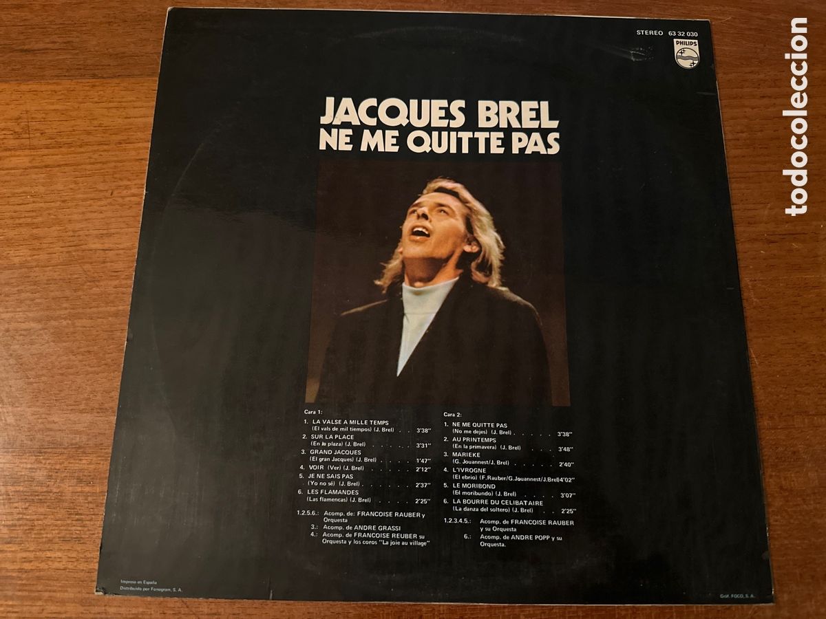 Discos de vinilo: JACQUES BREL - NE NE QUITTE P&Aacute;S 1971 LP. PHILIPS - Foto 2