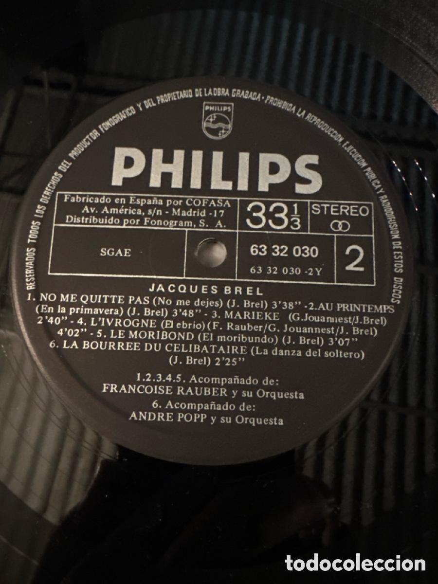 Discos de vinilo: JACQUES BREL - NE NE QUITTE P&Aacute;S 1971 LP. PHILIPS - Foto 5