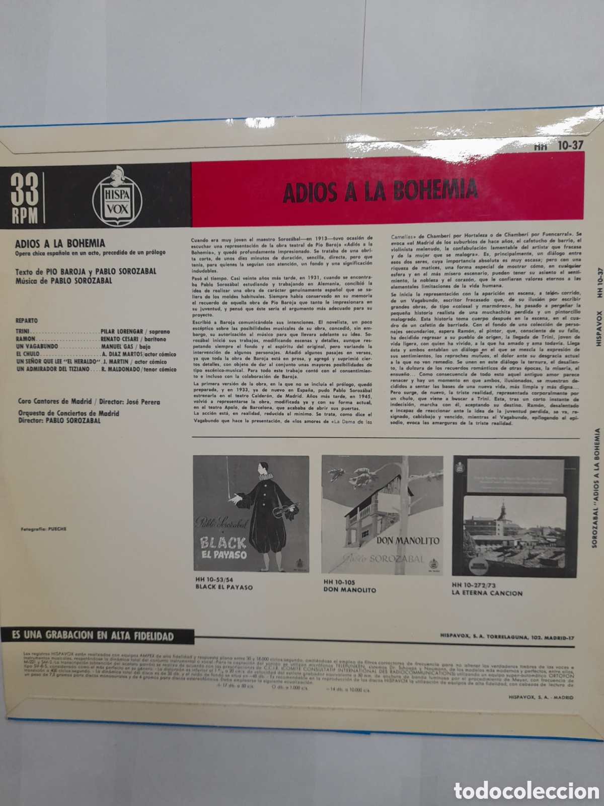 Discos de vinilo: ADI&Oacute;S A LA BOHEMIA. PABLO SOROZABAL. - Foto 2
