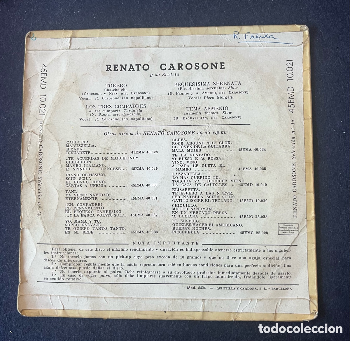 Discos de vinilo: Single Renato Carosone y su sexteto - Foto 2