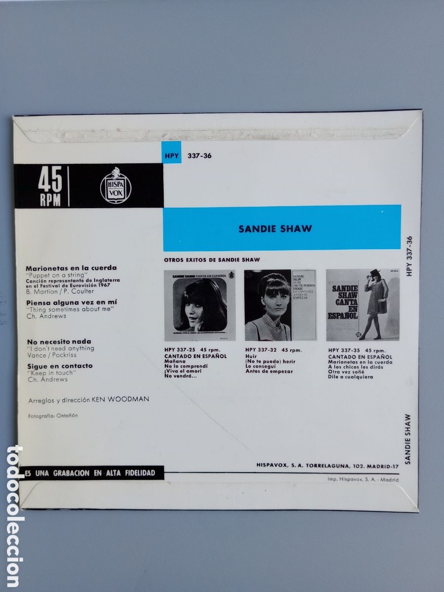 Discos de vinilo: Sandy Shaw. Eurovisi&oacute;n 67. EP - Foto 2