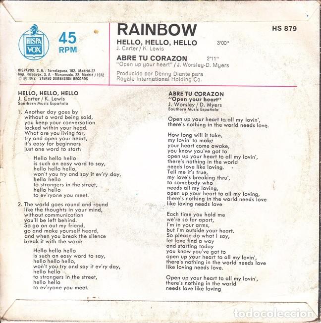 Discos de vinilo: Rainbow &ndash; Hello, Hello, Hello; Abre tu coraz&oacute;n &ndash; HISPAVOX 879 &ndash; 1972 - Foto 2