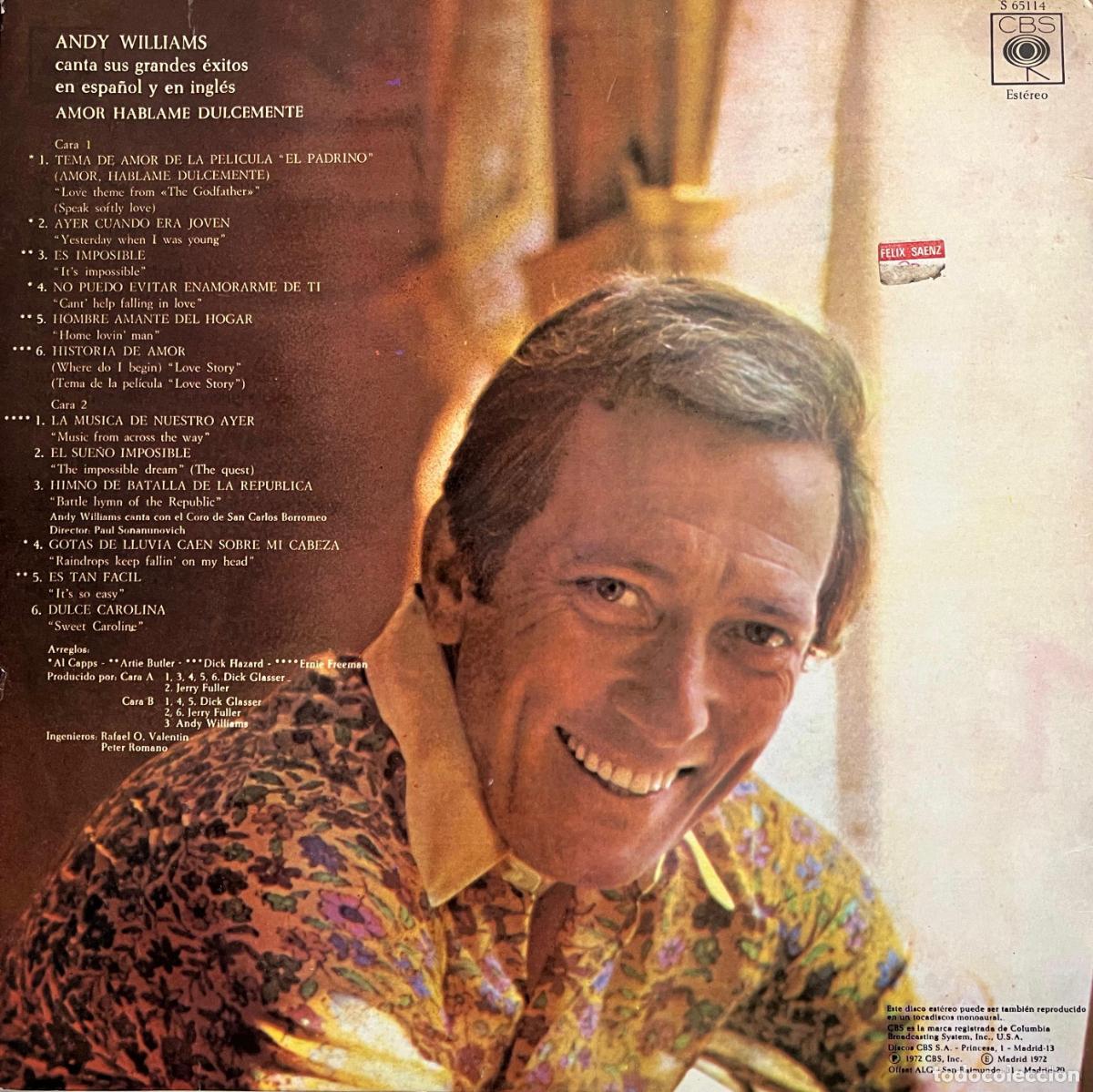 Discos de vinilo: ANDY WILLIAMS CANTA SUS &Eacute;XITOS EN ESPA&Ntilde;OL E INGL&Eacute;S. LP ORIGINAL ESPA&Ntilde;A 1972 - Foto 2