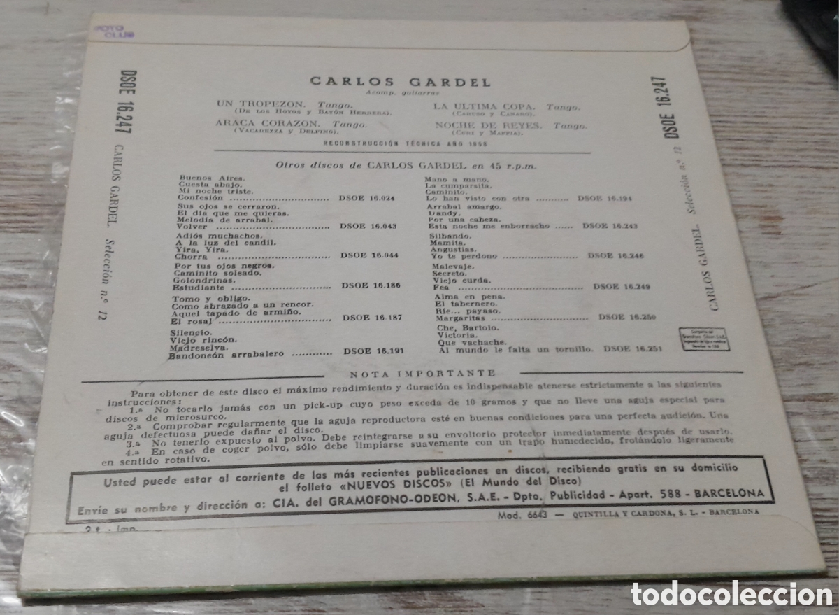 Discos de vinilo: CARLOS GARDEL - UN TROPEZ&Oacute;N + 3 - Foto 2