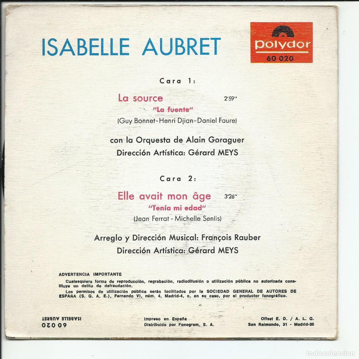 Discos de vinilo: Isabelle Aubret.- La Source SINGLE Polydor 60 020 ESPA&Ntilde;A 1968 - Foto 2