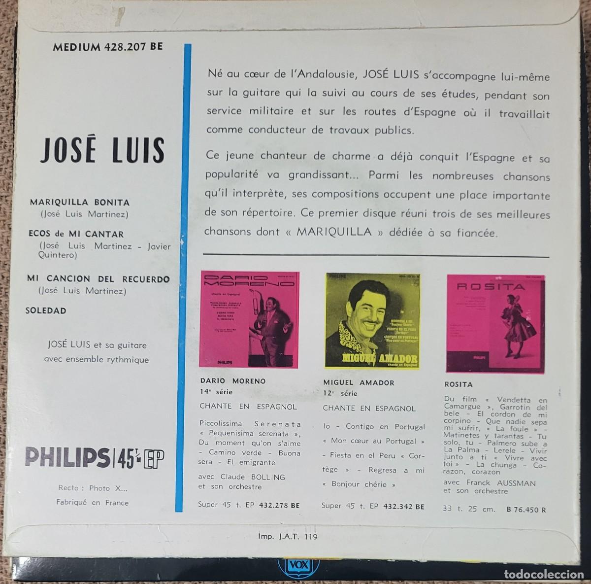 Discos de vinilo: Jose Luis Ep sello Philips editado en Francia... - Foto 2