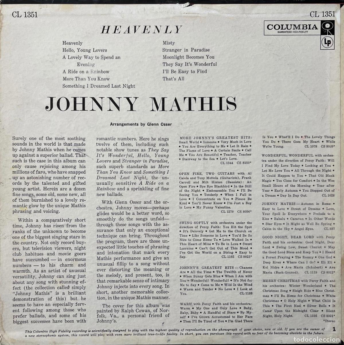 Discos de vinilo: JOHNNY MATHIS. HEAVENLY. LP ORIGINAL USA - Foto 2