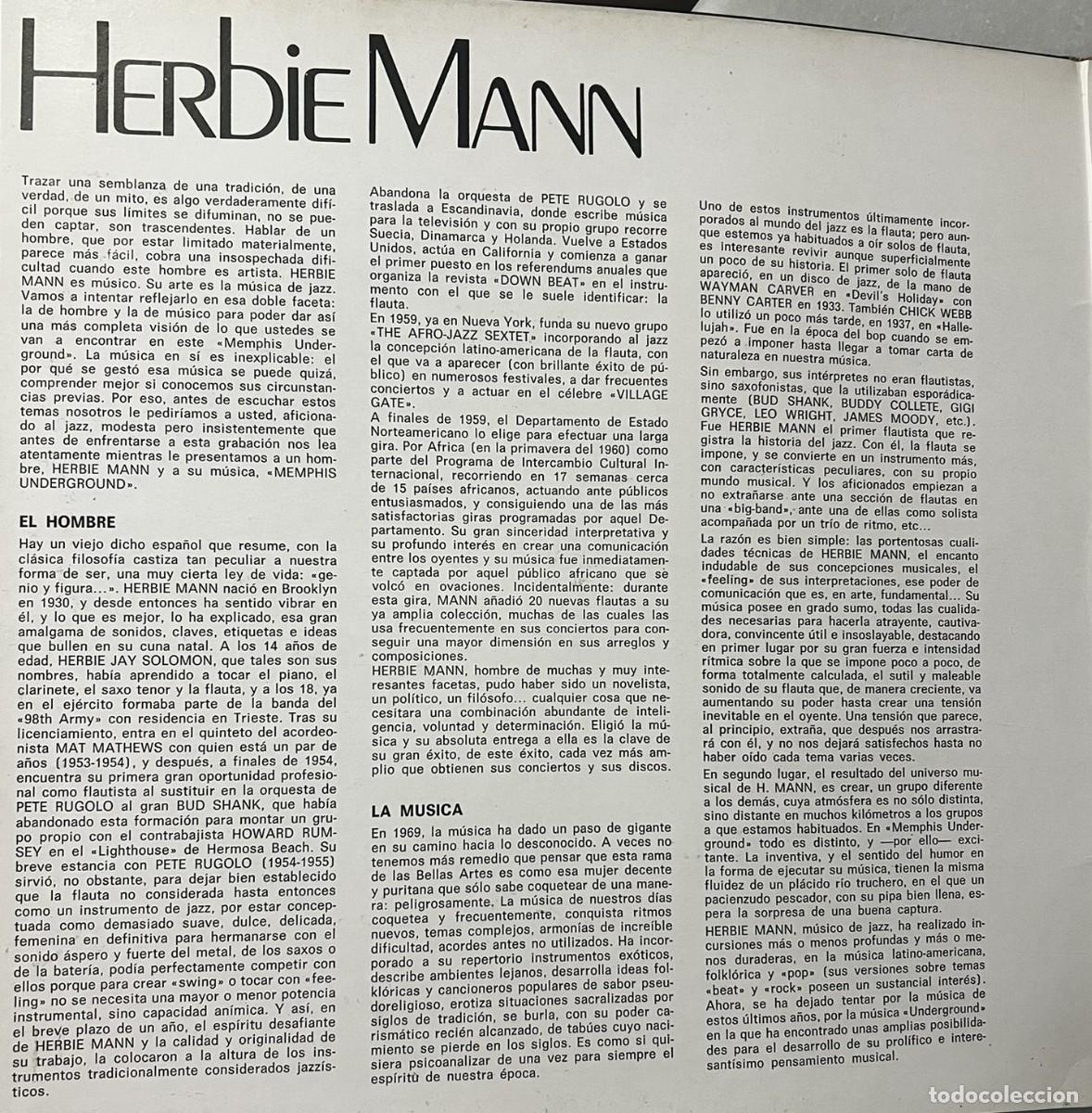 Discos de vinilo: Vinilo HERBIE MANN &rdquo;MENPHIS UNDERGROUND&rdquo; - Foto 2