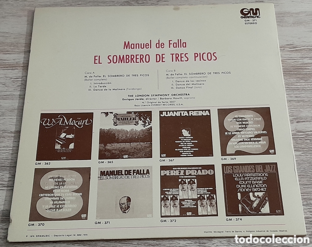 Discos de vinilo: MANUEL DE FALLA - EL SOMBRERO DE TRES PICOS - GRAMUSIC 1975 - Foto 2