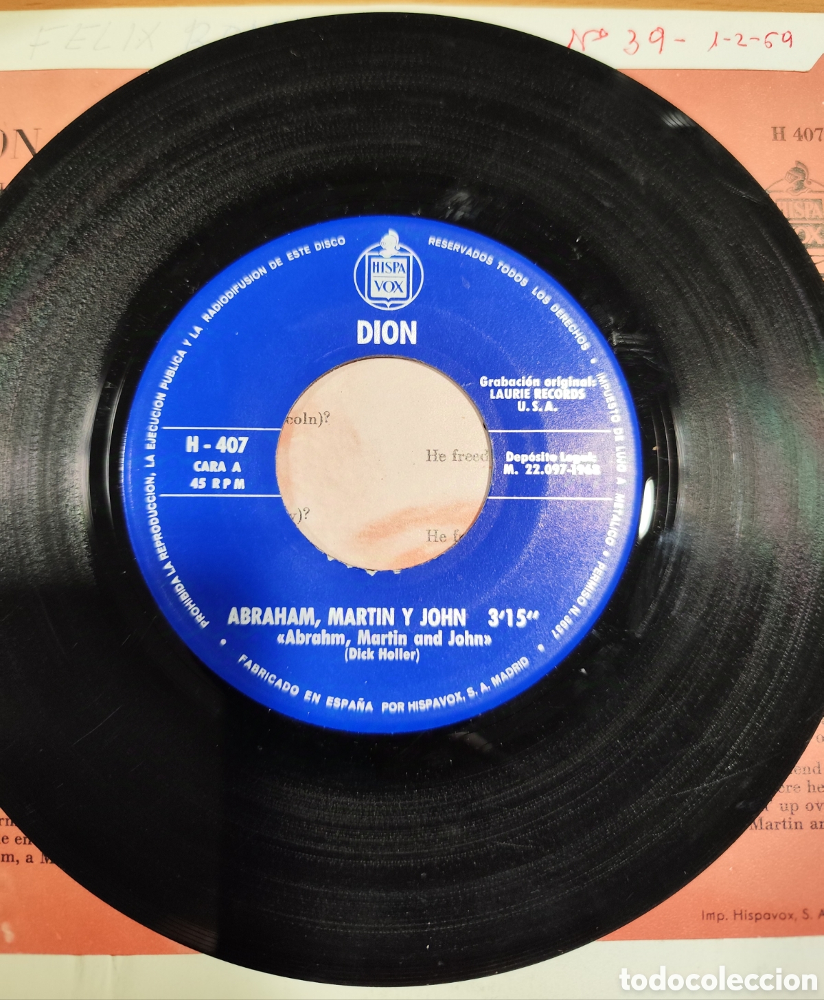 Discos de vinilo: DION - ABRAHAM MARTIN JOHN - Foto 2
