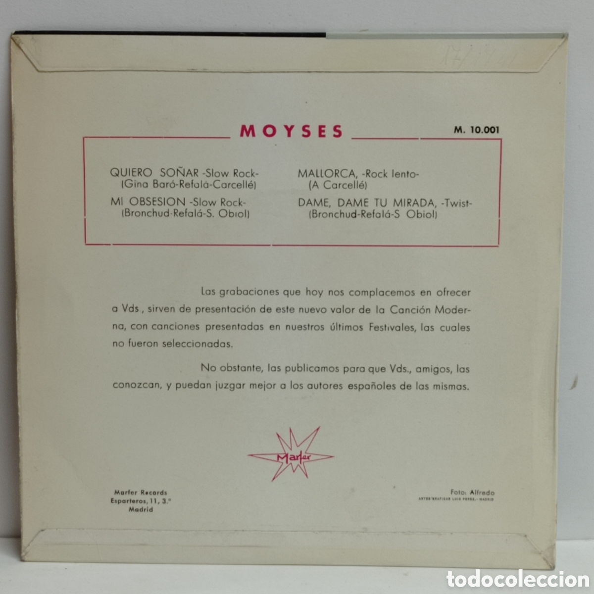 Discos de vinilo: MOYSES, QUIERO SO&Ntilde;AR (MARFER 1964) - Foto 2