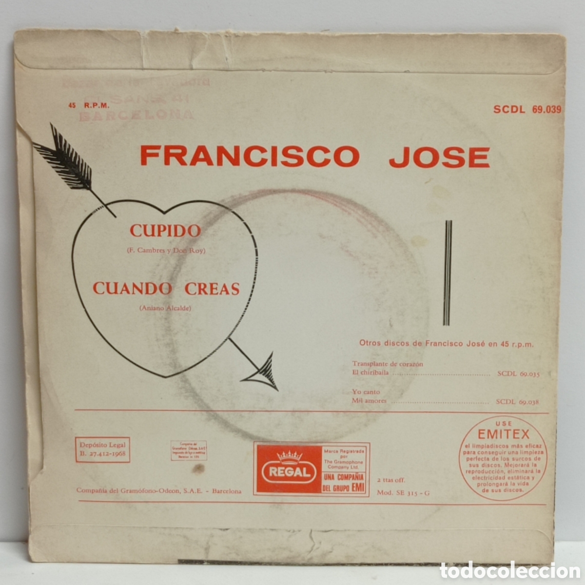 Discos de vinilo: FRANCISCO JOSE, CUPIDO (EMI 1968) -SINGLE- - Foto 2