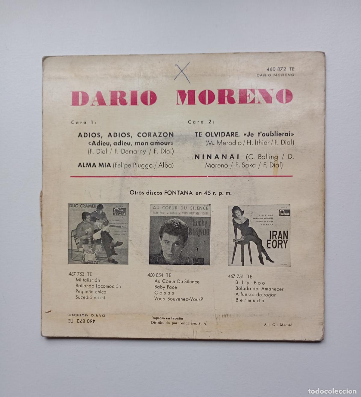 Discos de vinilo: Dario Moreno - Adi&oacute;s, Adi&oacute;s, Coraz&oacute;n. EP. TDKDS26B - Foto 2